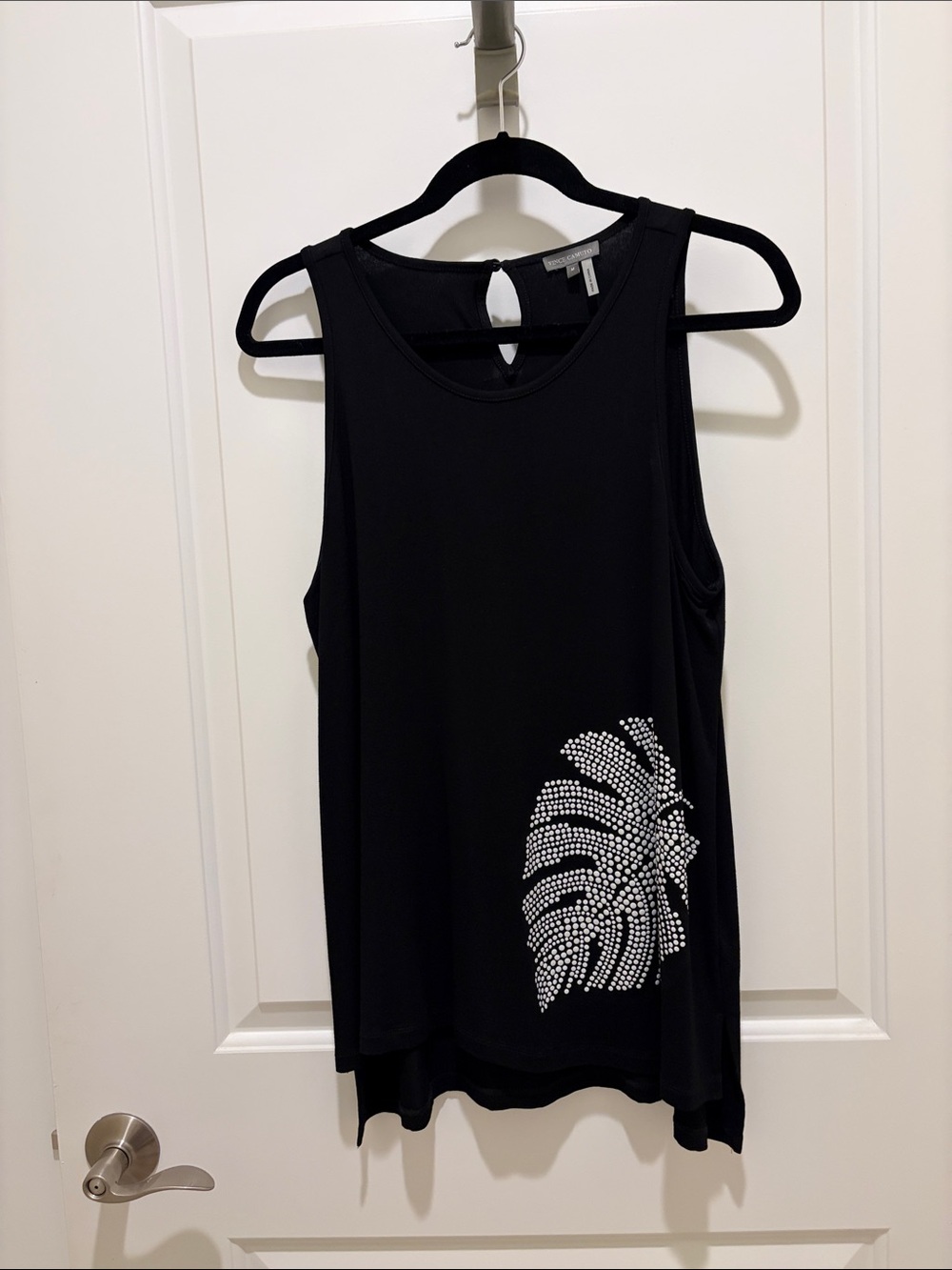 Black Sleeveless Tank Top with white “rhinestone”Leaf Accent